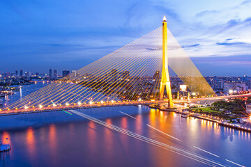Rama VIII Bridge high angle at night bangkok thailand