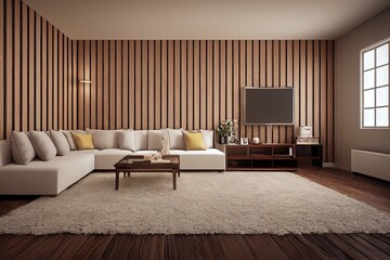 Elegant and comfortable cozy living room and wood wall texture background interior design 3d rendering
