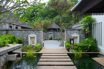 Fototapeta premium Beautiful resort at Pangkor Laut with lush of greenery and southeast asia style of architecture.