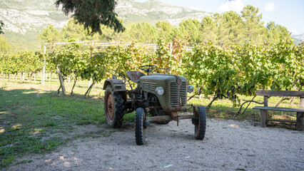 An old tractor sits in a vineyard in Croatia's wine country. 
