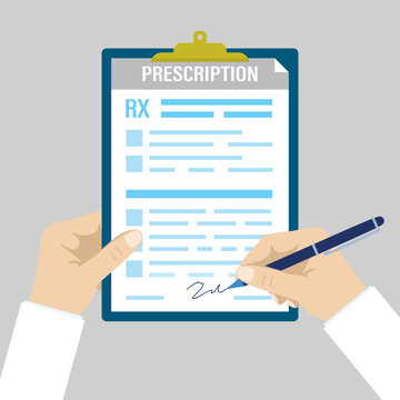 Medical worker holds pad with prescription blank. Doctor filled out and signs the prescription form. Hand uses pen to sign document. Health care, medicine and pharmaceuticals.