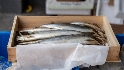 Salted fish at a farmers market in Europe ready for sale. 