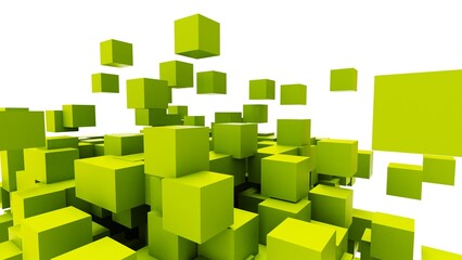 Obraz premium A set of many lime green cubes that are collapsing under white lighting background. Conceptual 3D CG of blockchain, financial system and personal data analysis.