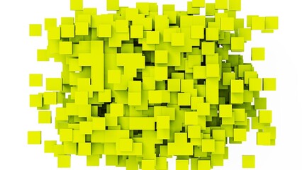 A set of many lime green cubes that are collapsing under white lighting background. Conceptual 3D CG of blockchain, financial system and personal data analysis.