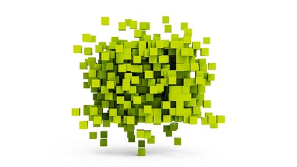 Fototapeta premium A set of many lime green cubes that are collapsing under white lighting background. Conceptual 3D CG of blockchain, financial system and personal data analysis.