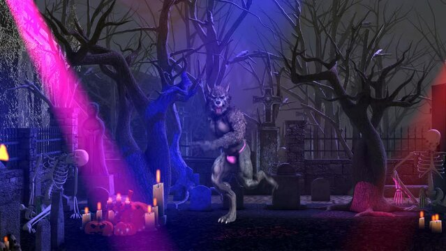 Seamless animation of a werewolf with thong dancing swing in a graveyard party. Funny cartoon character for Halloween background.