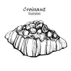 Hand Drawn Sketch Croissant with topping Macadamia caramel.on white background, outline monochrome ink style.
