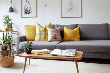 The stylish boho compostion at living room interior with design gray sofa, wooden coffee table, cube, basket and elegant personal accessories. Honey yellow pillow and plaid. Cozy apartment. Home decor