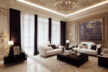Luxury rich living room interior design with elegant classic furniture and wall decorations. Large light white room with big window
