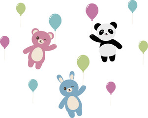 風船で遊ぶクマとウサギとパンダ
