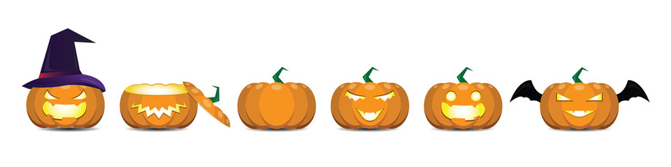 Halloween pumpkin set carved ghost face on white background as a vector for banner design