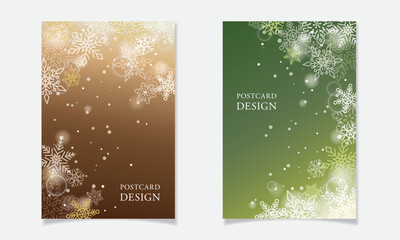 雪の結晶を散りばめたポストカードデザインG【ブラウンとグリーンのグラデーション】