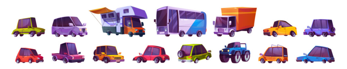 Cartoon cars set, modern automobiles, bus, monster truck, lorry, cafe on wheels, refrigerator transportation modes. Isolated auto vehicles with sedan or hatchback cab Cartoon vector illustration