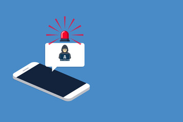 Hacker, malware notification on mobile phone. Smartphone with hacker alert, spam data on cellphone fraud error message, scam, virus.	