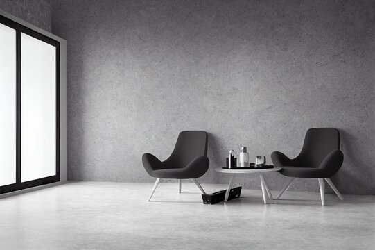 Interior modern living Grey wall with white chair on concrete floor 3d rendering