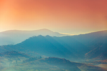 Beautiful mountains during sunset.  Gradient color. Carpathian mountains, Ukraine, Europe