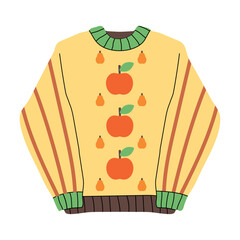 Doodle cartoon yellow sweater, pumpkins apples stripes, flat vector style hygge. Knitted pullover, cute illustration. Autumn fall season, warm clothes, trend sticker symbol, insulated, decorative cozy
