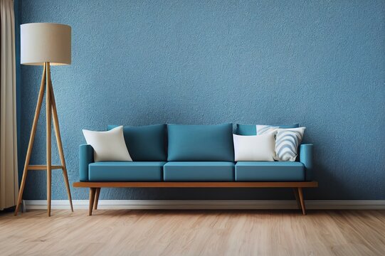 living room interior 3d render sofa blue table lamp background wood floor wooden wall template design texture