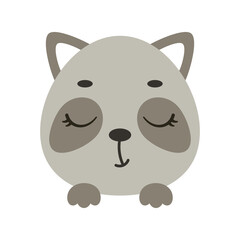 Cute little raccoon head with closed eyes. Cartoon animal character for kids t-shirts, nursery decoration, baby shower, greeting card, invitation, house interior. Vector stock illustration