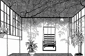 Recreation area interior with swing and plants. Coloring book for adults. The interior of the room. Black and white illustration.