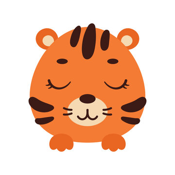 Cute little tiger head with closed eyes. Cartoon animal character for kids t-shirts, nursery decoration, baby shower, greeting card, invitation, house interior. Vector stock illustration