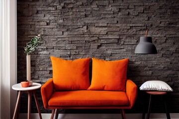 Modern decorative dark grey stone wall background with wooden bench orange lamp blanket and pillow home design, interior still life.