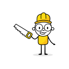 Man holding saw in his hand and wearing hard hat. Carpentry work. Vector stock illustration.