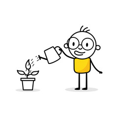 Man is watering a plant with a watering can. Boy gardener grows plant. Green economy and forestation concept. Vector stock illustration