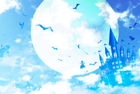ハロウィン　大きい月とお城の周辺にハロウィンの仲間が集う青色ベースカラーの背景