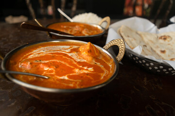 Butter Paneer Masala, Cottage Cheese Curry, Chicken Korma, Traditional Indian Food - obrazy, fototapety, plakaty