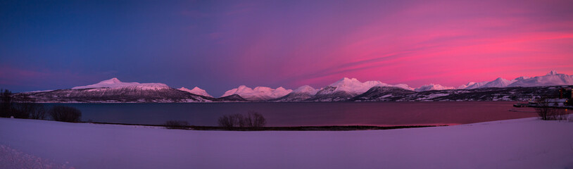 Nordic panorama during sunrise over the fjord