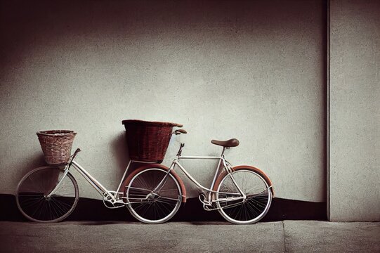 retro bicycle with basket in front of the interior concrete wall, background