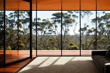 Glassed wall Australian living room with amazing views of bush treetops