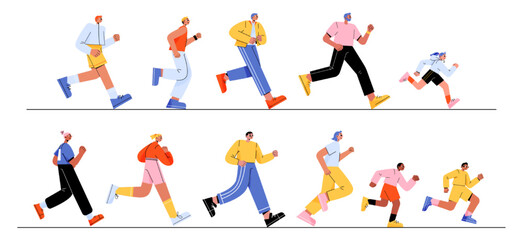 Fototapeta na wymiar Set of adult people and children running isolated on white background. Flat male and female characters hurrying to goals, rushing on business, jogging. Motivated for success. Vector illustration