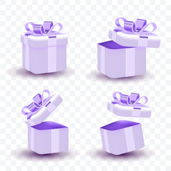 Set of four different angles of light purple realistic 3d illustration of gift boxes for birthday and marketing concept.