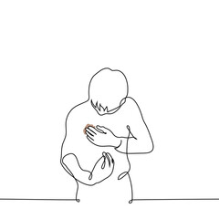 man found a stain on his jacket on his chest - one line drawing vector. concept dirty