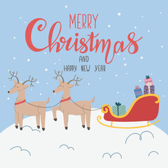 Christmas card with cute reindeer and santa claus sleigh and lettering. Festive concept suitable for social media post, mobile apps, banner design.