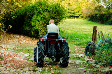 Homme conduisant un mini tracteur dans le jardin © Concept Photo Studio