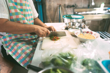 Elderly woman hand using knife cooking traditional thai style food.