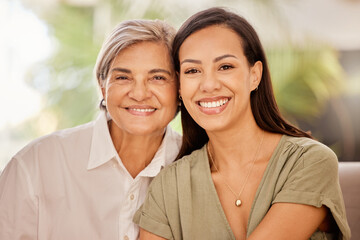 Happy, mother and grandmother portrait smile for family, bonding or mothers day relax at home. Mama and grandma smiling together in generation, relationship and relaxing in happiness at the house