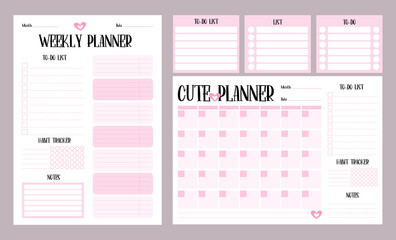 Collection of planners and organizers. Daily and monthly planner, to-do list, notes and habit tracker in pink. Vector Isolated sheets for print, design, decor, kids collection, stationery.