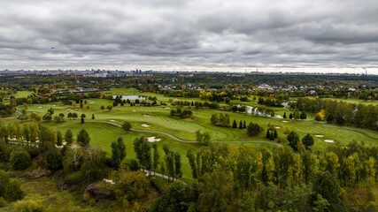 panoramic view from a drone on the territory of Skolkovo on a cloudy autumn day