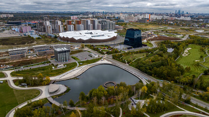 panoramic view from a drone on the territory of Skolkovo on a cloudy autumn day