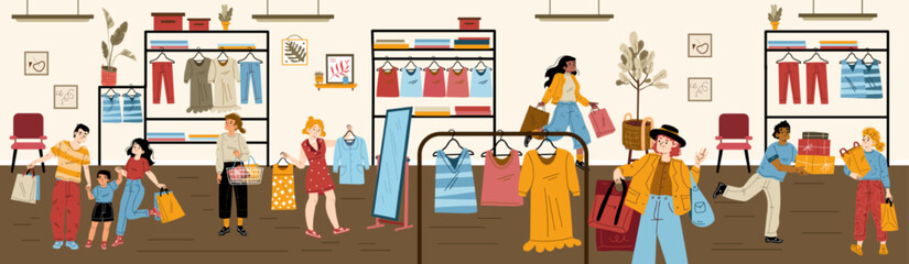Fashion store with happy buyers with shopping bags and baskets. Boutique or store in mall with clothes on shelves and hangers, diverse people make purchases, vector hand drawn illustration