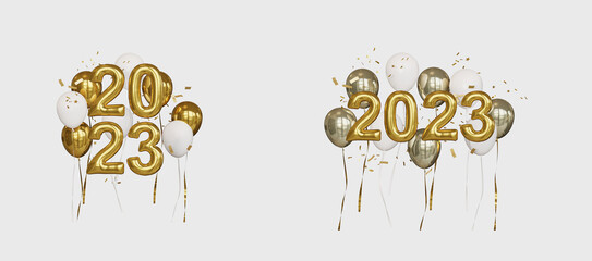 Happy New Year. Celebrate party, 2023, 2024, Merry Christmas, Golden Number, Web Poster, banner, cover card, layout design. 3D Rendering.