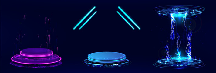 Hi-tech and fantastic circle platforms, stage or holograms. 3D blank template futuristic stage, hologram, teleport or magic portal for presentation product. 3D cyberpunk neon platforms. Vector set - obrazy, fototapety, plakaty