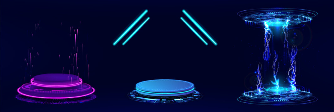 Hi-tech and fantastic circle platforms, stage or holograms. 3D blank template futuristic stage, hologram, teleport or magic portal for presentation product. 3D cyberpunk neon platforms. Vector set