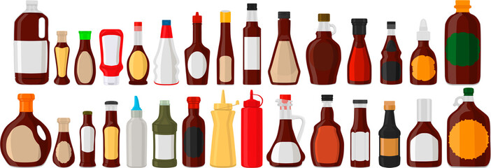 big kit varied glass bottles filled liquid sauce teriyaki