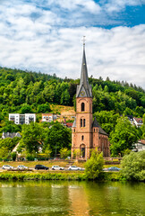 Evangelical church at the Neckar river in Hirschhorn, Germany