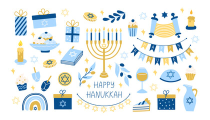 Fototapeta na wymiar Big Hanukkah set. Collection of festive religious flat symbols with menorah, coins, donuts for design. Vector illustration on white background